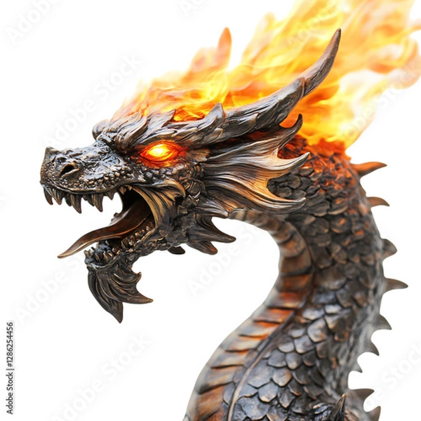 Fototapeta A Majestic Flame Coming from a Fire Breathing Dragon Statue Isolated on Transparent Background