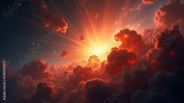 Fototapeta A nebula resembling a celestial phoenix, fiery plumes of orange and red gas ignited by newborn stars, rising from the ashes of a past supernova.