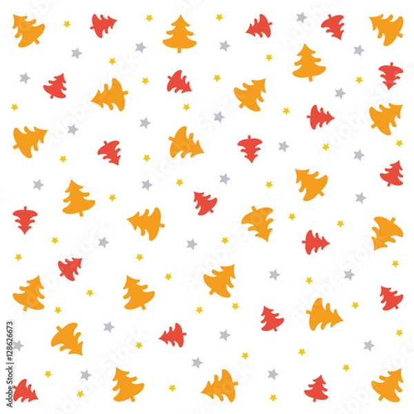 Fototapeta Christmas pattern: red and orange trees, yellow and silver stars on white background. Vector Image, isolated
