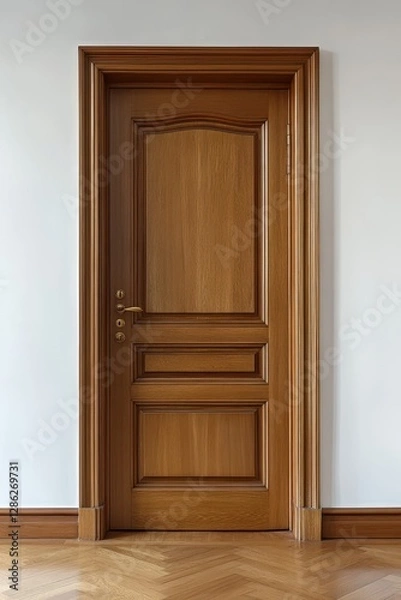 Fototapeta A rustic wooden door stands in a cozy room featuring elegant parquet flooring, showcasing warmth and inviting charm.