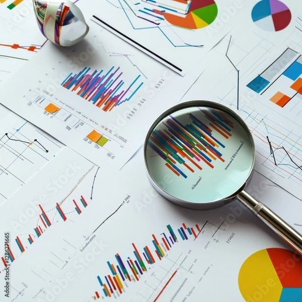 Fototapeta Statistical Analysis with Magnifying Glass Examining Business Reports and Data Visualization on Paperwork
