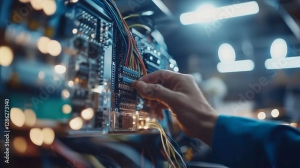 Obraz Expert hands manipulate a dense network of wires and electrical components inside a panel, showcasing the intricate work of an electrician in a bright workshop