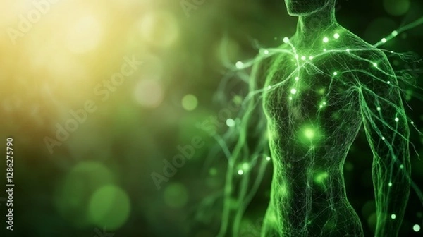 Obraz Digital artwork showcases a cannabis leaf over a translucent human form, emphasizing the glowing neural pathways connected to the endocannabinoid system