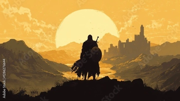 Fototapeta The silhouette of an ancient knight with a sword and shield standing in the sunlight, the backdrop of hills and the silhouette of the castle create a cinematic atmosphere with majestic shadows