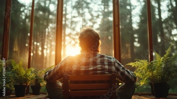 Fototapeta A serene image of a man sitting peacefully in a wooden chair, enjoying a beautiful sunset view through large glass windows, surrounded by lush greenery.
