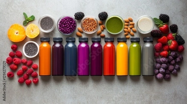 Obraz Neatly arranged colorful supplement bottles, fresh fruits, nuts, and a glass of water on a textured surface highlight the importance of nutritious living and wellness