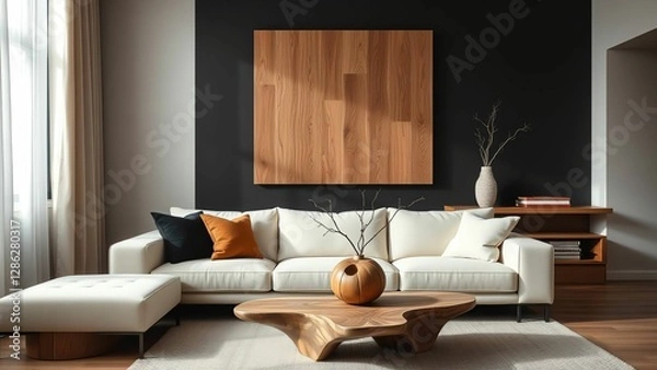 Fototapeta Inviting Living Room Style Merging Natural Wood Features with Cozy Textiles for Contemporary Comfort
