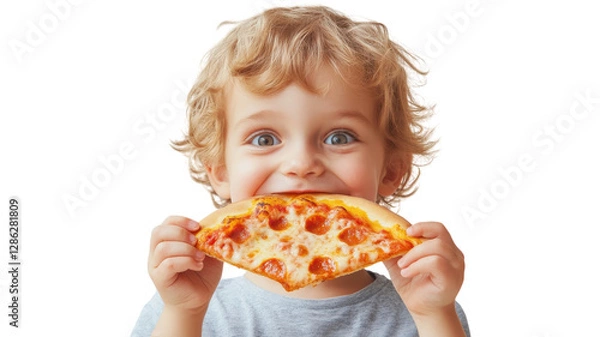 Fototapeta Happy child enjoys a slice of pepperoni pizza with a big smile in a bright setting