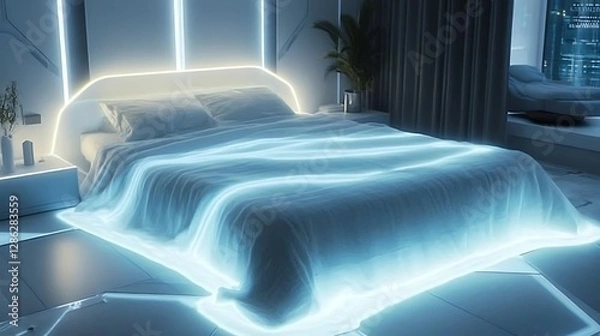 Fototapeta A futuristic blanket made of glowing fibers styled in a high tech minimalist room