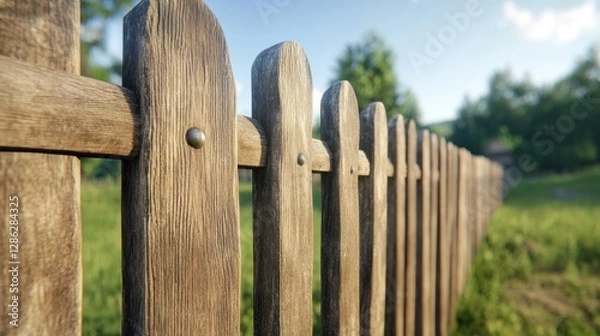 Fototapeta Rustic wooden fence in a sunny rural landscape. Close up view of weathered brown wooden pickets, nails visible. Green grassy field and distant trees