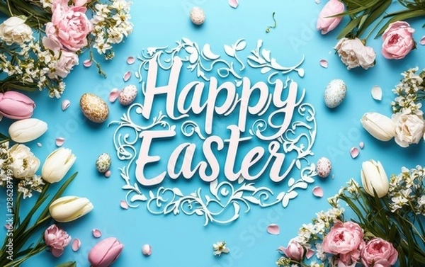 Fototapeta Elegant Calligraphy banner with text Happy Easter on pastel blue background