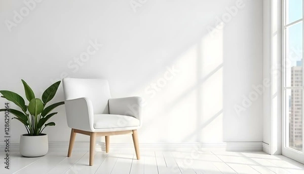 Fototapeta Empty white room with a white chair, a plant, and a flower pot, white floor, and white walls