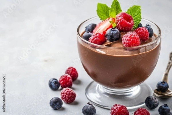Obraz Delicious Chocolate Mousse with Berries - A rich chocolate mousse dessert topped with fresh raspberries, blueberries, and strawberries