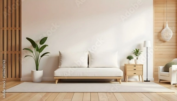 Fototapeta A white couch with two pillows, a small table with a plant, a wooden floor, and a white wall in the living room