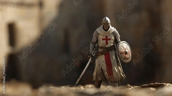 Fototapeta A soldier in battle, with blurred movements creating a sense of action. Wearing helmets and armor and their swords held high while carrying shields
