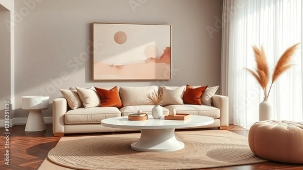 Fototapeta Chic and Cozy Living Room Warm Tones and Soft Textures Create an Inviting Relaxation Space