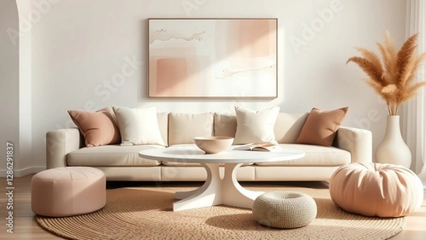 Fototapeta Elegant Living Room Design Soft Colors and Modern Furniture Create a Warm, Inviting Atmosphere