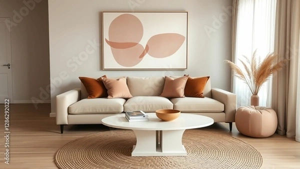 Fototapeta Elegant Living Room Design Soft Colors and Modern Furniture Create a Warm, Inviting Atmosphere