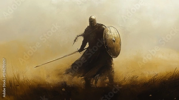 Fototapeta A soldier in battle, with blurred movements creating a sense of action. Wearing helmets and armor and their swords held high while carrying shields

