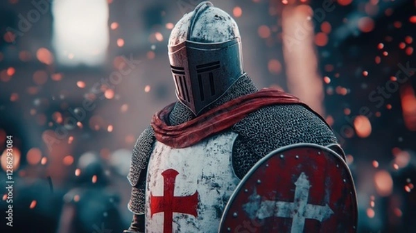 Fototapeta A soldier in battle, with blurred movements creating a sense of action. Wearing helmets and armor and their swords held high while carrying shields
