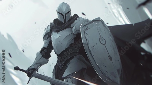 Fototapeta A soldier in battle, with blurred movements creating a sense of action. Wearing helmets and armor and their swords held high while carrying shields

