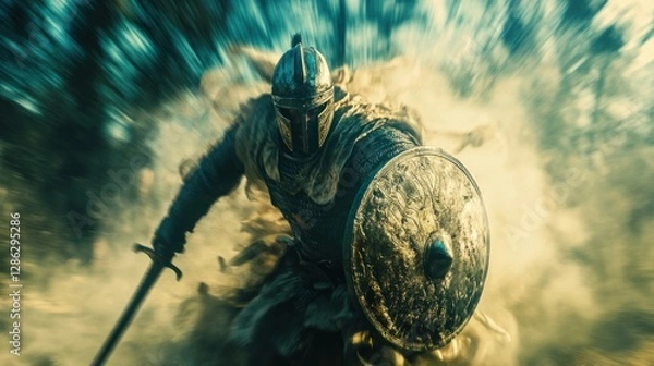 Fototapeta A soldier in battle, with blurred movements creating a sense of action. Wearing helmets and armor and their swords held high while carrying shields

