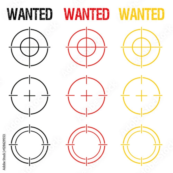 Fototapeta Gun-sight icon collection and wanted erodes lettering isolated on white background. Vector image.