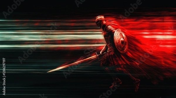 Fototapeta A soldier in battle, with blurred movements creating a sense of action. Wearing helmets and armor and their swords held high while carrying shields

