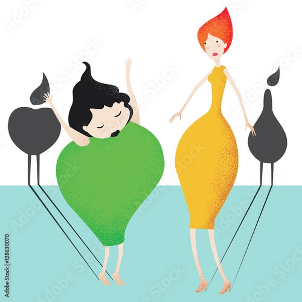 Fototapeta Pear girl and apple girl: two fruit-like women, with the projection of their fruit shadow, an apple and a pear. Vector image.