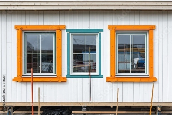 Fototapeta A building features two windows adorned with vibrant orange trim, enhancing its architectural appeal and brightening the facade.