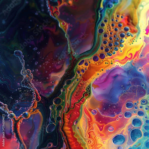 Fototapeta Vibrant abstract fluid art with mesmerizing swirls of neon colors, deep contrasts, and delicate liquid textures.
