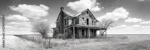 Fototapeta Derelict farmhouse in monochrome, weathered wood, broken windows, overgrown field, cloudy sky.