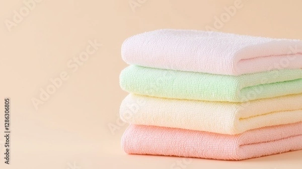 Fototapeta A neat stack of soft, pastel-colored towels resting on a light background, conveying a sense of cleanliness and relaxation.