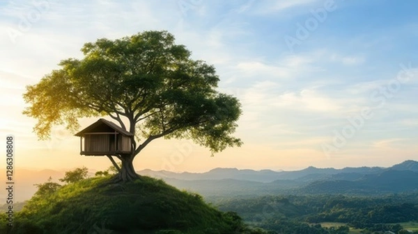 Fototapeta A serene treehouse perched on a hilltop, surrounded by lush greenery and a stunning sunset backdrop. Tree and wood landscape concept. Tree and wood landscape concept.
