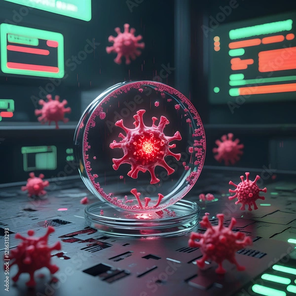 Obraz Set within a moody cyberpunk lab, the environment pulses with neon-green warning alerts flashing across futuristic monitors. 