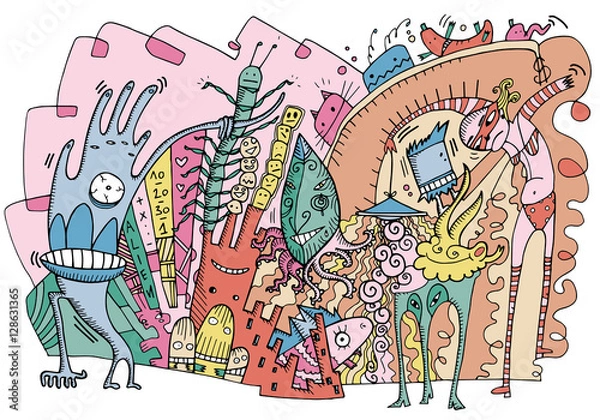 Fototapeta Colorful illustration like doodles, representing an alien world with strange characters. Excess, eccentricity, street art concept. Vector illustration on white background.