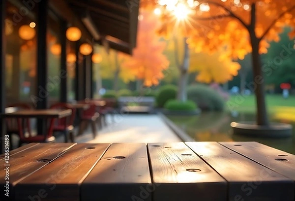 Fototapeta Empty wooden in front of blurred background of the glass building and the beautiful atmosphere outside the restaurant and cafe decorated with a large pond and green trees give a feeling of freshness.