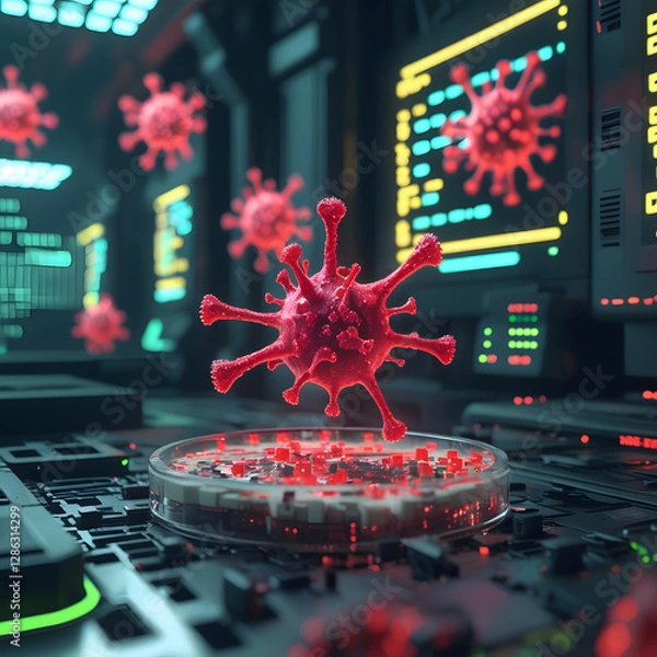 Obraz Set within a moody cyberpunk lab, the environment pulses with neon-green warning alerts flashing across futuristic monitors. 