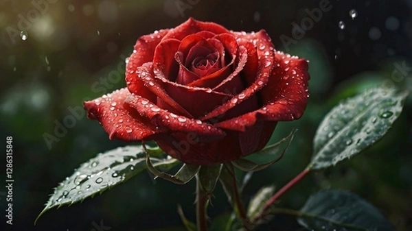 Obraz Red Rose, Beautiful red rose with water droplets, Close-up picture of red rose with water on it with forest background