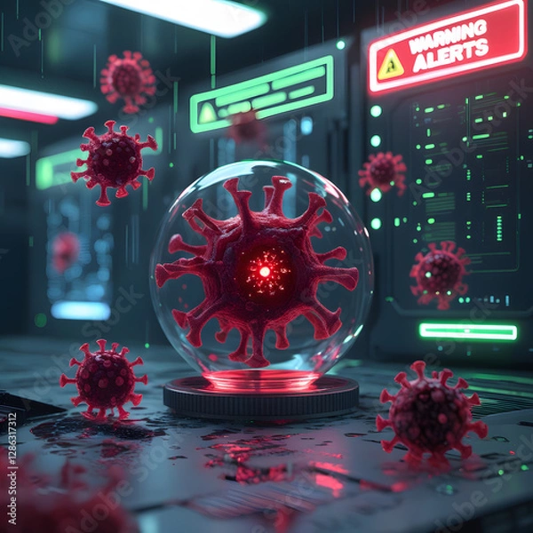 Obraz Set within a moody cyberpunk lab, the environment pulses with neon-green warning alerts flashing across futuristic monitors. 