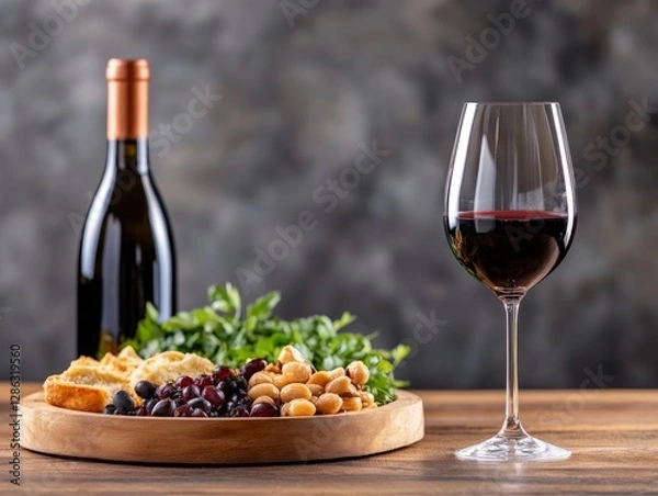 Fototapeta Elegant wine and cheese pairing with red wine bottle grapes assorted cheeses and crackers on rustic wooden table for gourmet dining and sophisticated culinary experience