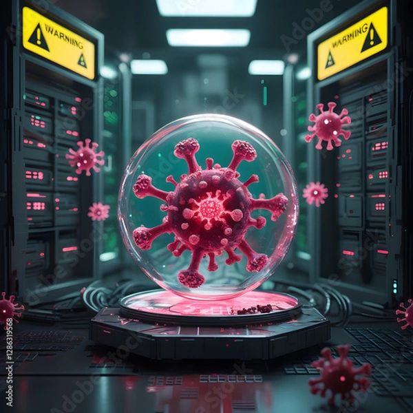 Obraz Set within a moody cyberpunk lab, the environment pulses with neon-green warning alerts flashing across futuristic monitors. 
