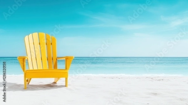 Fototapeta A charming yellow Adirondack chair graces a sandy beach, inviting relaxation against the serene backdrop of the sparkling ocean and clear blue sky.