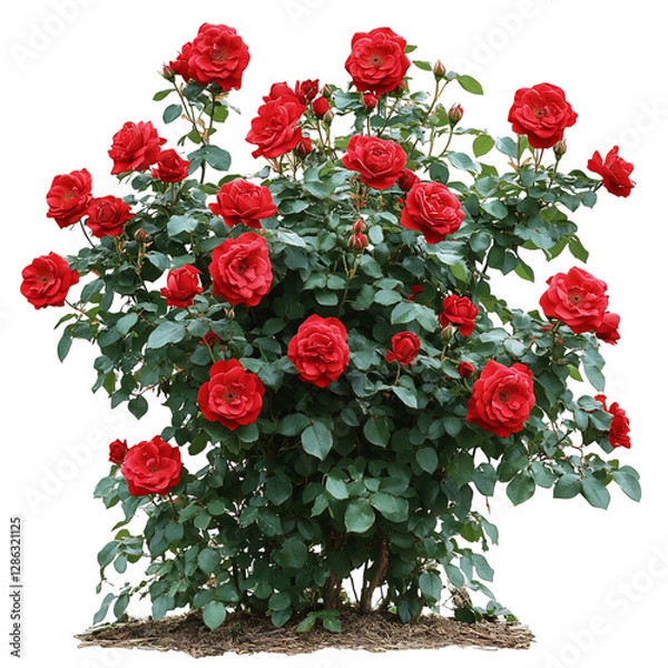 Fototapeta A Vibrant Red Rose Bush with Green Leaves Isolated on Transparent Background