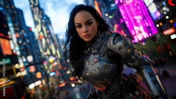 Obraz Futuristic warrior in high-tech armor stands confidently in a vibrant neon cityscape at dusk