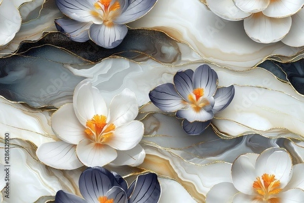 Fototapeta Elegant floral pattern with vibrant blooms against a marbled background.