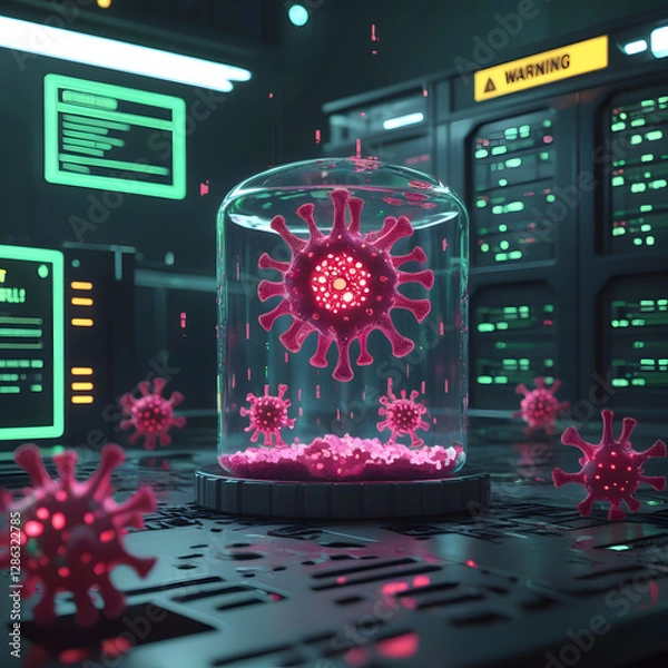 Obraz Set within a moody cyberpunk lab, the environment pulses with neon-green warning alerts flashing across futuristic monitors. 