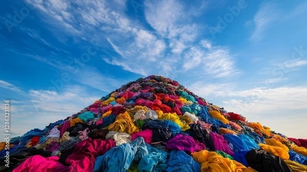 Obraz A towering heap of colorful, discarded garments stretches towards the sky, illustrating the overwhelming consequences of fast fashion and consumer waste