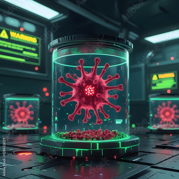 Obraz Set within a moody cyberpunk lab, the environment pulses with neon-green warning alerts flashing across futuristic monitors. 