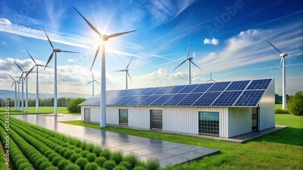 Fototapeta Sustainable Energy Structure Modern Building with Solar Panels and Wind Turbines in a Lush Green Field